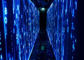 A luminous blue tunnel with digital numbers creating a futuristic, sci-fi ambiance.